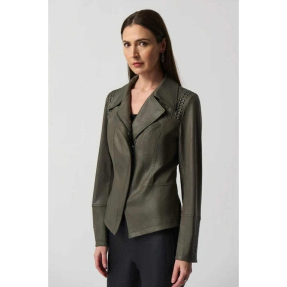 JOSEPH RIBKOFF Zip Up Moto Jacket Size Small Faux Leather Greenish Gray Studded